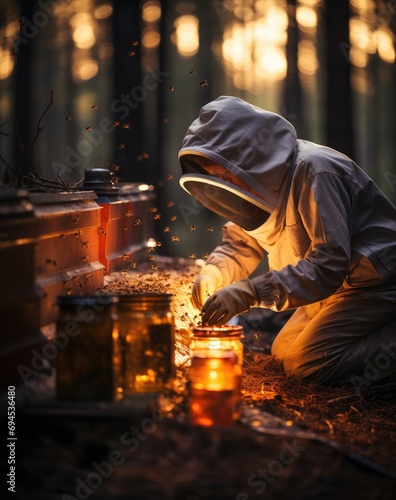 A mysterious figure stands under the night sky  clad in a pristine white suit and mask  transfixed by a jar filled with buzzing bees