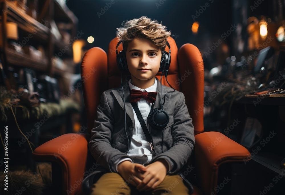 Portrait of a boy gamer with headphones in a dark room Portrait of a boy gamer with headphones in a dark room