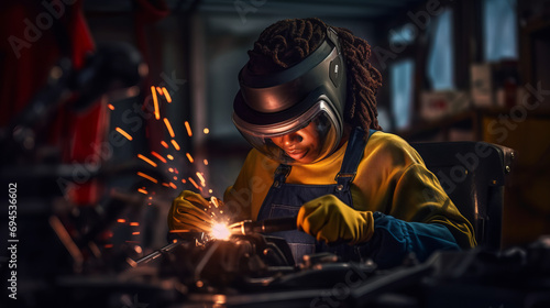 A beautiful young welder woman at work. Gender equality. photo