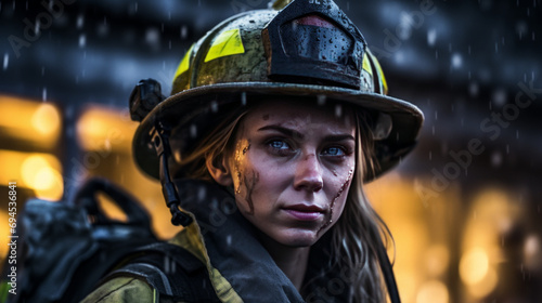 A young woman in a firefighters costume, a fire is burning in the background © lastfurianec