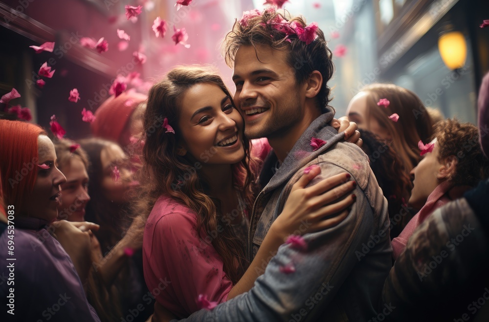 A joyful girl in magenta clothing embraces a smiling man, radiating love and happiness at an indoor party event, showcasing the beautiful interaction between two people