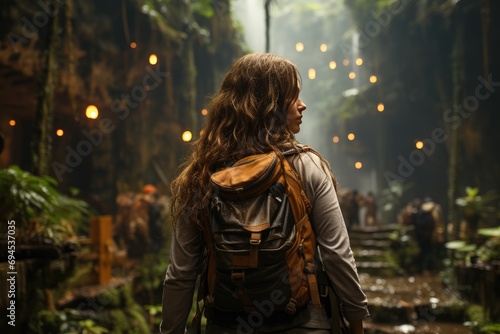 A lone wanderer, adorned in outdoor gear, ventures deep into the forest, her trusty backpack by her side