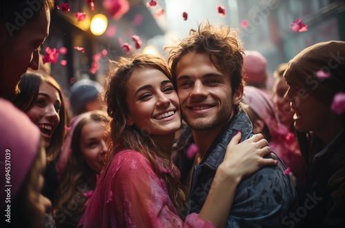 A jubilant couple embraces, their radiant smiles and colorful clothing adding to the vibrant atmosphere of the outdoor festival