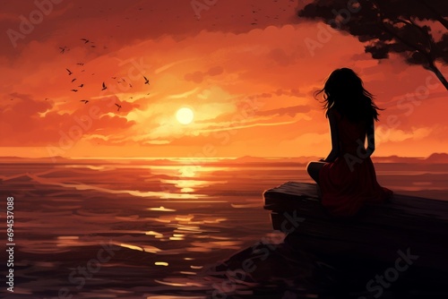 Majestic Lonely girl sunset. Female sad ocean. Generate Ai