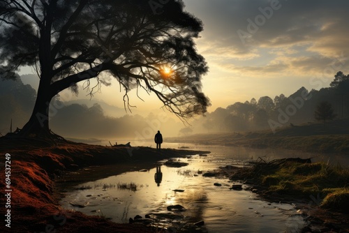 A solitary figure stands on the foggy riverbank, surrounded by a serene landscape of trees and water, as the fiery sun rises or sets in the colorful sky