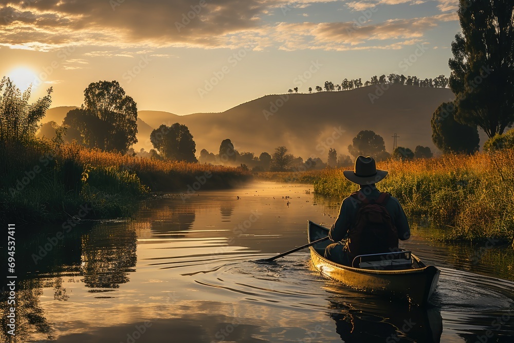 A lone figure navigates through the peaceful stillness of the river, as the morning fog gently lifts to reveal a breathtaking sunrise painting the sky and water in warm hues, surrounded by the tranqu