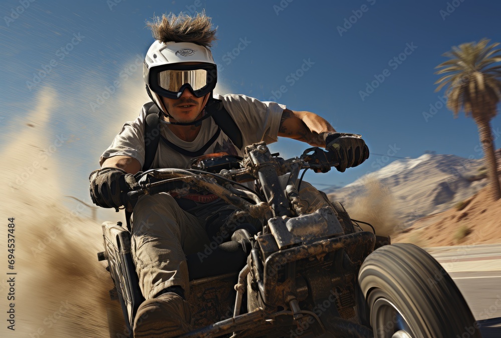 A rugged man donning a helmet and sunglasses races through the desert on his quad bike, embracing the thrill of offroading and the freedom of the open sky