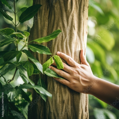 Nature lover hugging trunk tree with green musk in tropical woods forest. Green natural background. Concept of people love nature and protect from deforestation or pollution or climate change