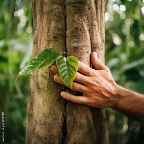Nature lover hugging trunk tree with green musk in tropical woods forest. Green natural background. Concept of people love nature and protect from deforestation or pollution or climate change