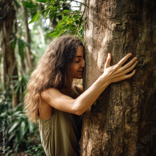 Nature lover hugging trunk tree with green musk in tropical woods forest. Green natural background. Concept of people love nature and protect from deforestation or pollution or climate change