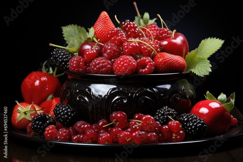 A vibrant and succulent bowl of handpicked berries  bursting with sweetness and natural superfood power  arranged on a plate as an enticing accessory fruit showcase featuring juicy strawberries  seed