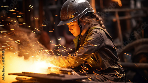 A young steelworker girl in overalls is workin