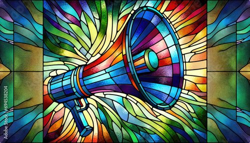 Megaphone on stained glass window background. Ready to make a marketing or advertising announcement photo