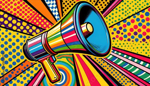 Retro megaphone on colorful background. Ready to make a marketing or advertising announcement