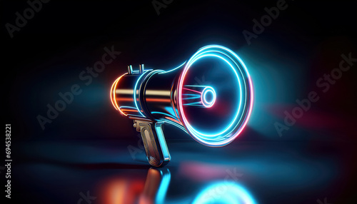 Glowing megaphone with neon lights on dark background. Ready to make a marketing or advertising announcement photo