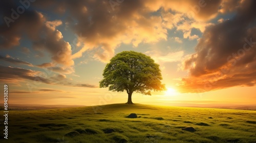 A lonely tree surrounded by lush green grass under the warm glow of a cloud-filled sunset sky