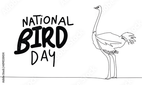 National Bird Day banner with line art ostrich. Handwriting text and one line continuous ostrich. Hand drawn vector art.