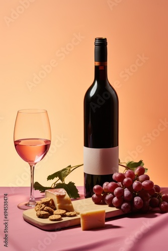Wine bottle mockup with wine glass and grapes