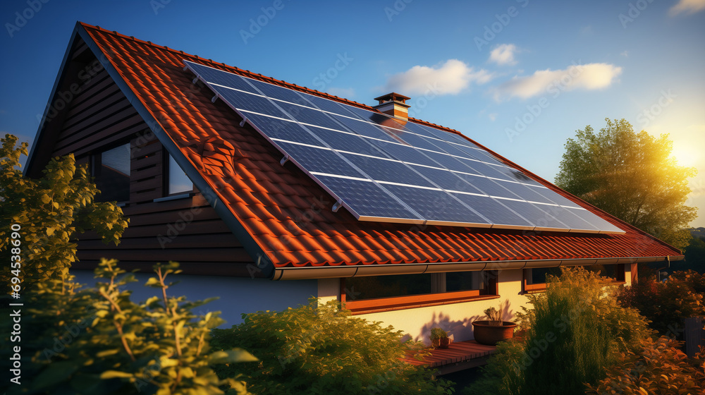 Solar Panels on the Roof of a House - obrazy, fototapety, plakaty 
