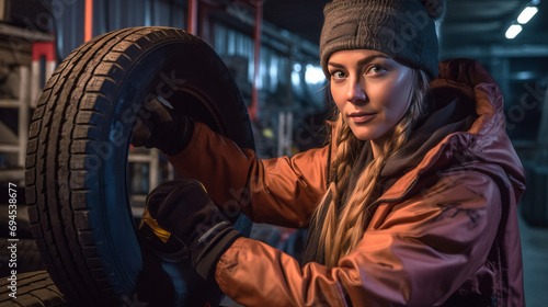 A beautiful young car mechanic girl in the workshop at work.