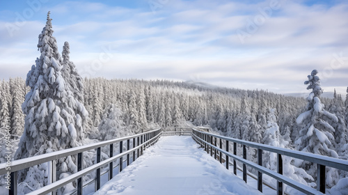 An icy platform with a backdrop of snow-covered mountains and pine trees. Captivate with this scenic winter wonderland.