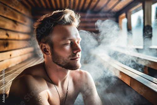 bellissimo uomo nordico in sauna finlandese  photo