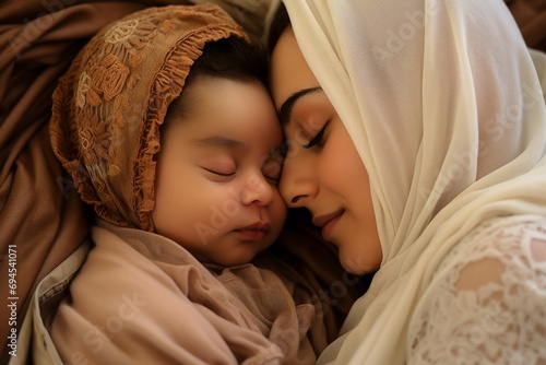 young mother with her infant baby at home photo