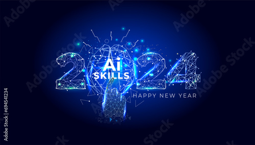 New year 2024 Futuristic technology skills and education development background. Hand Enabling Ai teaching and learning algorithms.