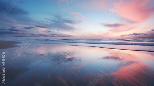 Pink and Blue Sunset over Tranquil Beach with Reflective Sand
