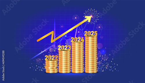 Editable vector design 2024 and 2025 new year business, financial growth and stock market success, data chart, golden coin growth pillar.