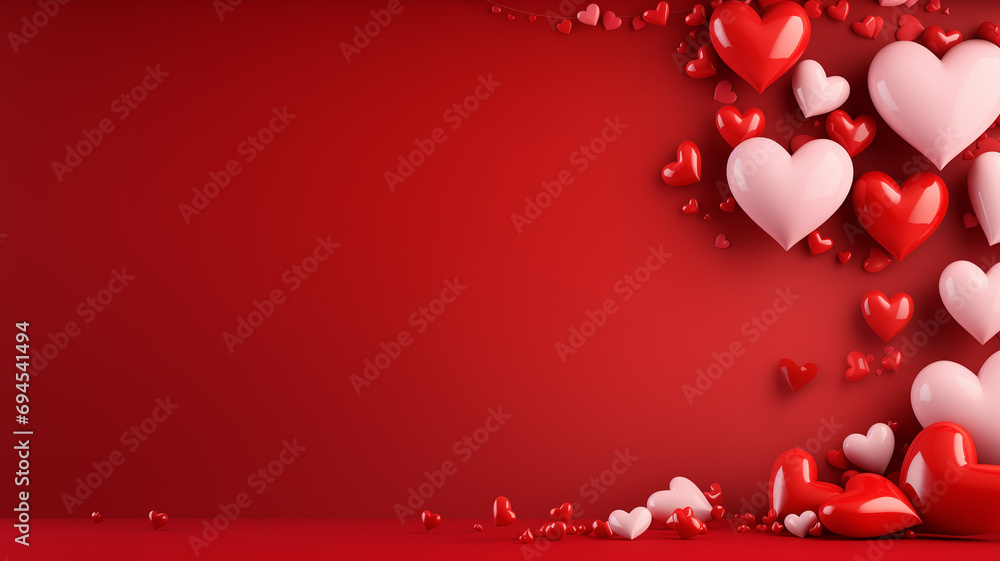 Valentines red background with hearts, with empty space for text