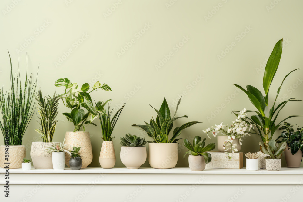 Shelf with group of houseplants on light wall. Minimal composition. Generative AI