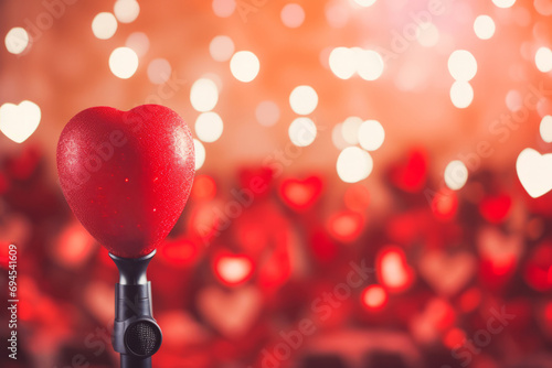 Karaoke on Valentine's Day. Microphone on a concert stage with pink lightning. Generative AI