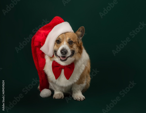  beautiful cute corgi dog in a long red Santa hat sitting in the studio against a green Christmas background