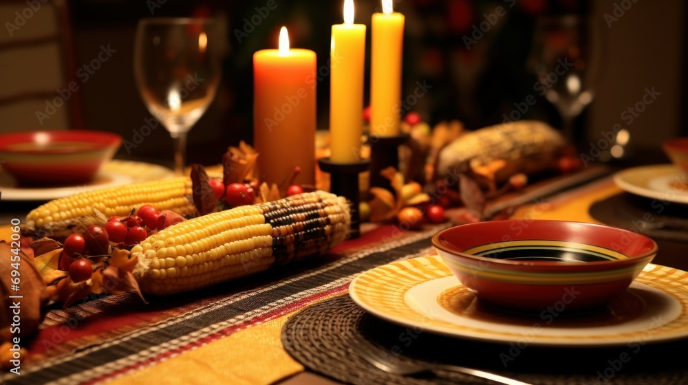 Traditional Kwanzaa festive table setting. Kwanzaa decorations arranged on home table. typical table setting for Kwanzaa, with a Unity Cup, corn, fruit and candles Mishumaa Saba