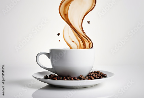 A steaming cup of coffee and freshly roasted beans