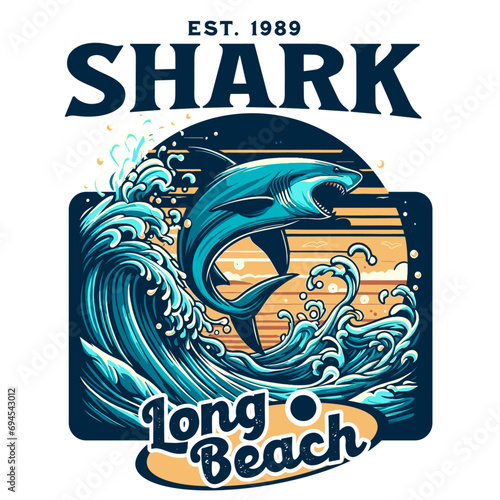 Print design shark jump in the sea, Long Beach tropical paradise.