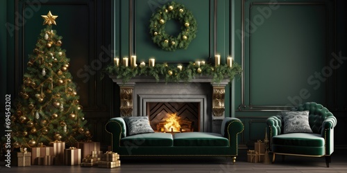 Festive Christmas setting with tree, fireplace, and green sofa