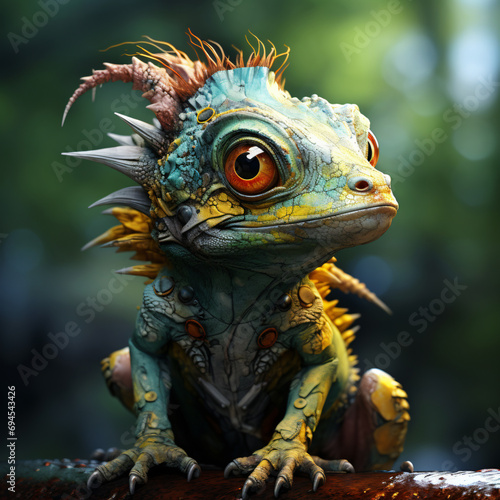 3d little dragon with a magical forest background. Generative AI