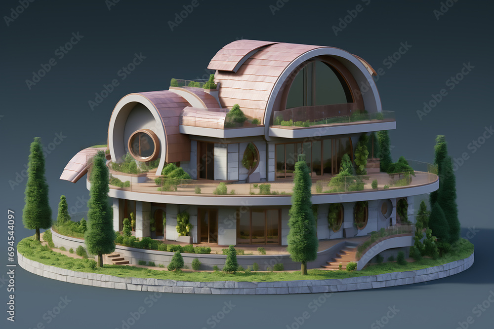 Fototapeta premium House with futuristic architecture covered with grass