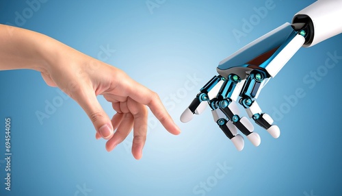 A robotic hand and a human hand touching each other with index fingers. New technological era. Research, hight technology and future life concepts. Generative AI photo
