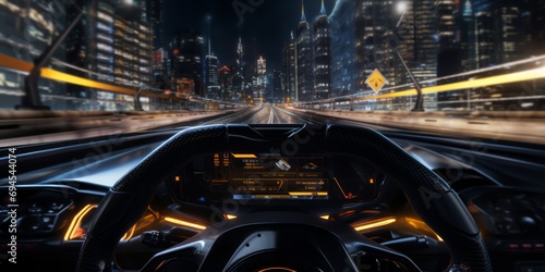 Experience the adrenaline of gameplay in a racing simulator video game, featuring computer-generated 3D cars driving fast and drifting on a high-speed night highway in a modern city photo