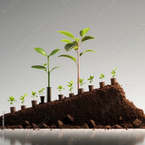 Seedlings are grown from rich soil with a business growth arrow. 3D projection 