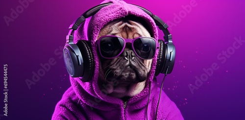 pug with headphones listening to music on purple background