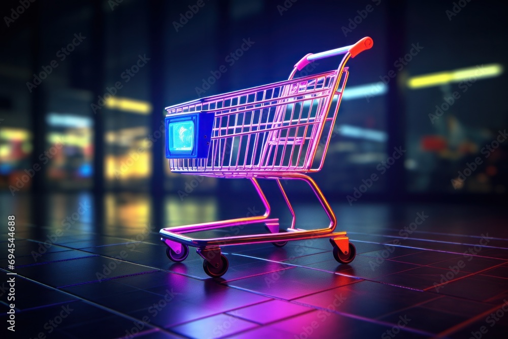 shopping cart at night on a dark neon floor