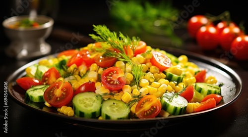 salad of tomatoes  cucumber and corn with dressing