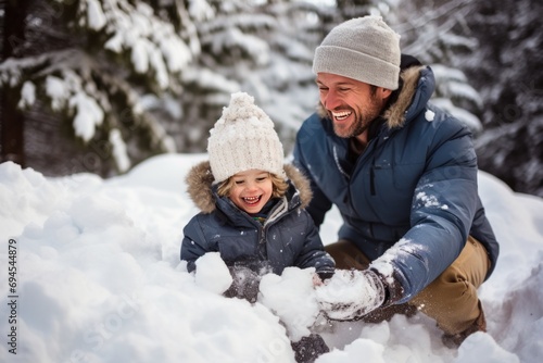 Dad and son enjoy a snowy day, playful snowball fights
