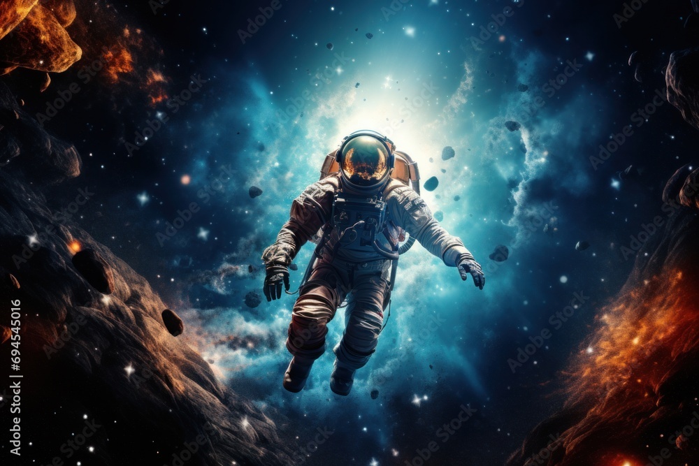 Astronaut in vivid cosmic background, floating among stars Astronaut in vivid cosmic background, floating among stars