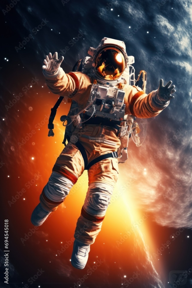 Fototapeta premium Astronaut in vivid cosmic background, floating among stars