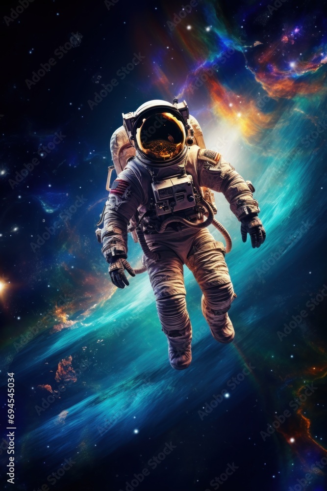 Astronaut in vivid cosmic background, floating among stars